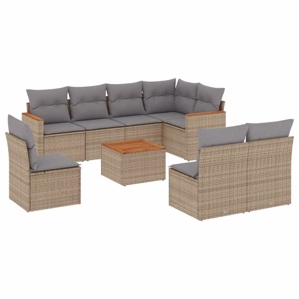 Set Divano da Giardino 9 pz con Cuscini Beige in Polyrattan