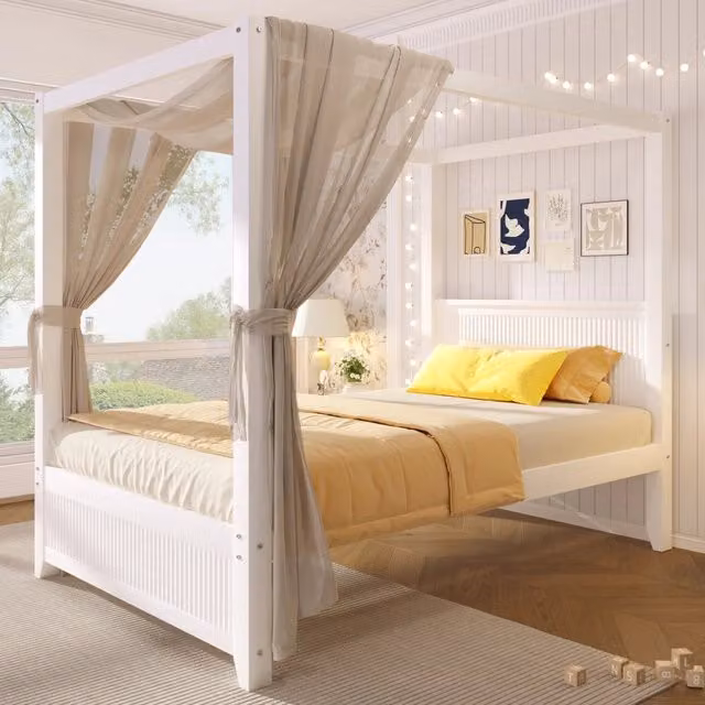 Desviae Letto singolo a baldacchino 90 × 200 cm con struttura in legno e MDF bianco testiera e pediera a lamelle