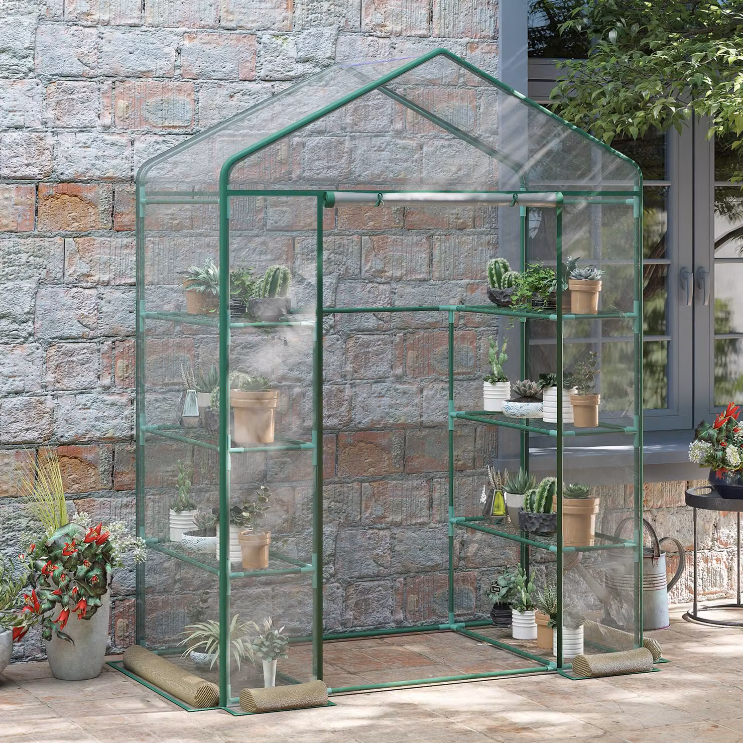 Serra da giardino Outsunny con porta avvolgibile in acciaio e PVC trasparente, L 143 cm x P 73 cm x H 195 cm – 2