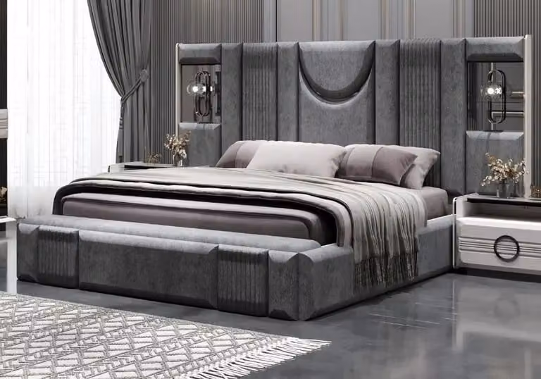 Bett Doppelbett Polsterbett Bettrahmen Stoffbett hohes Kopfteil Grau