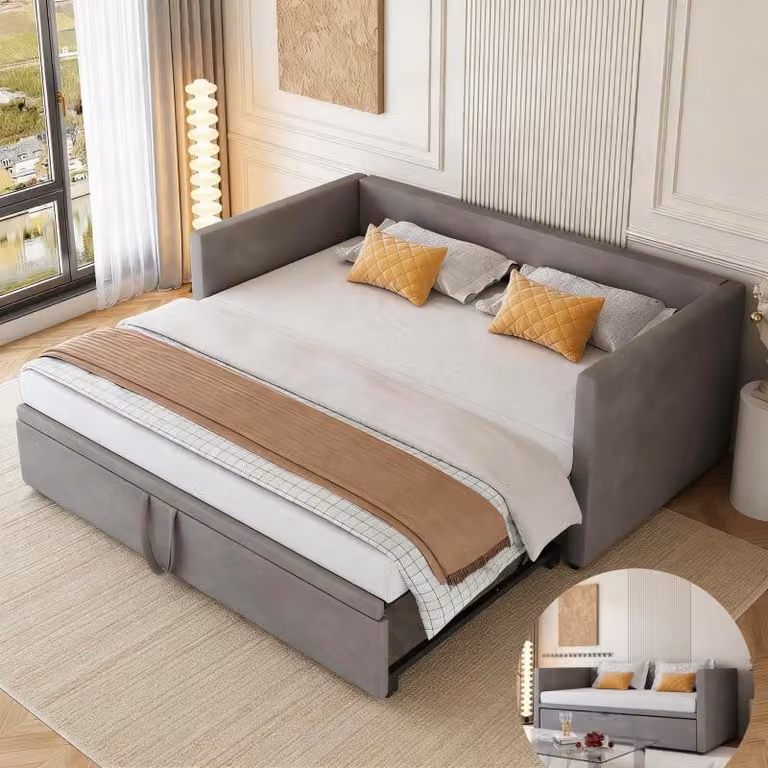 INONEFT, divano letto a una piazza e mezza (90x200 cm) o a due piazze (180x200 cm), estendibile, con rete a doghe e braccioli, poltrona letto multifunzionale, in velluto, colore grigio