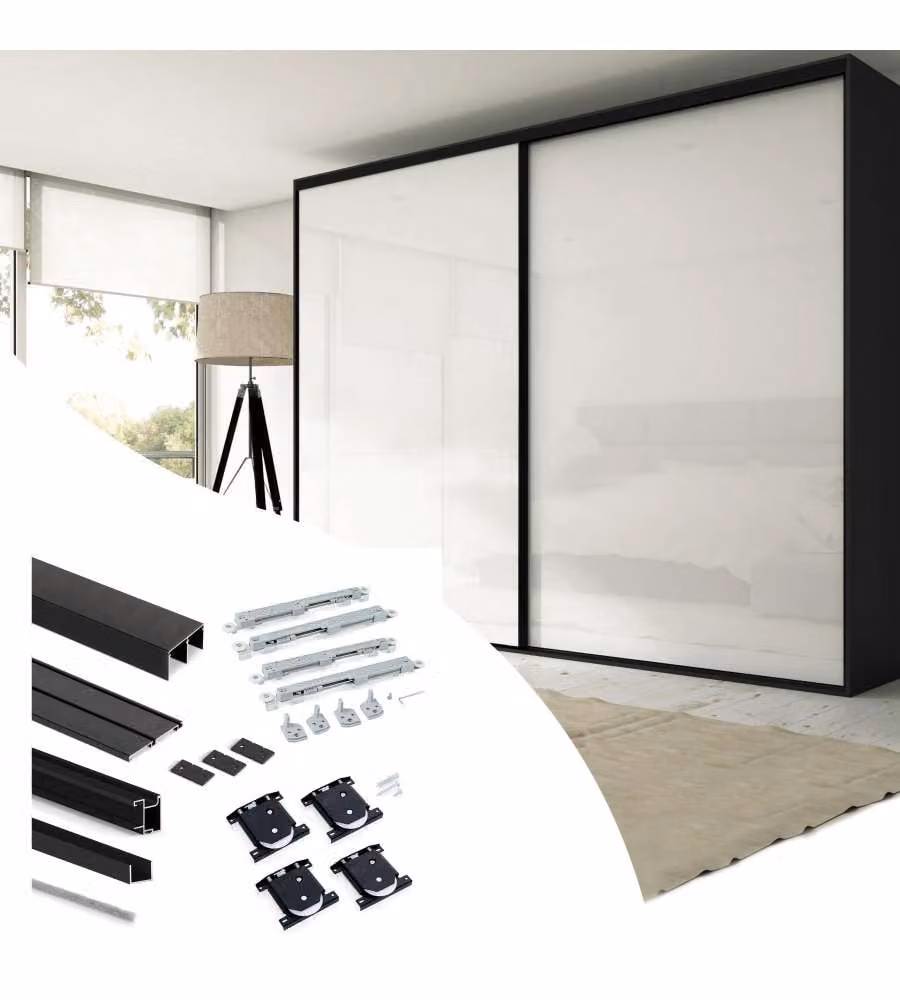Emuca Sistema scorrevole Placard 74 per armadio a 2 ante con profili Sharp nero opaco e chiusura soft per pannelli da 16 mm – 1
