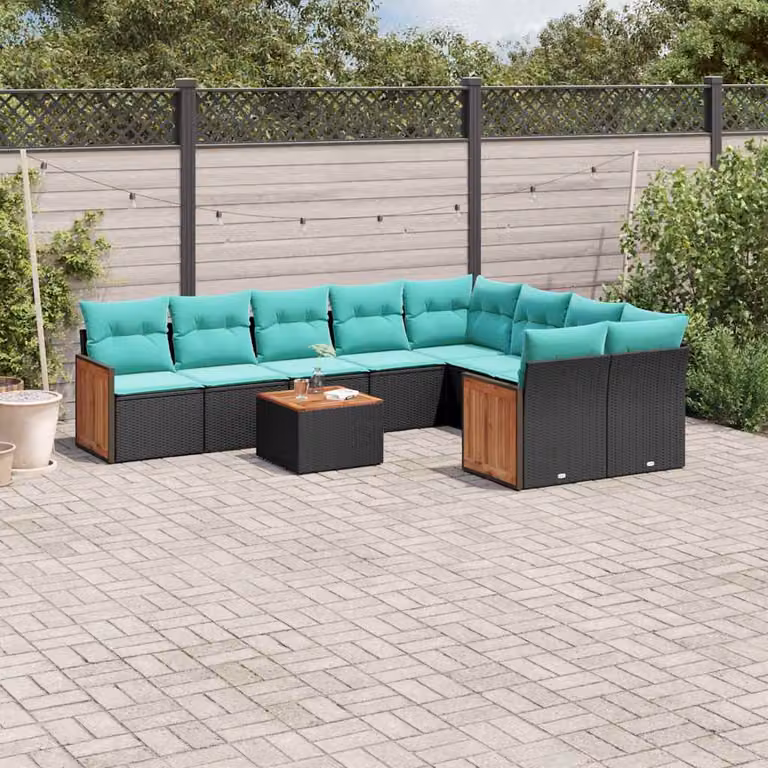 Set di divani da giardino vidaXL 10 pezzi in polyrattan nero con cuscini blu