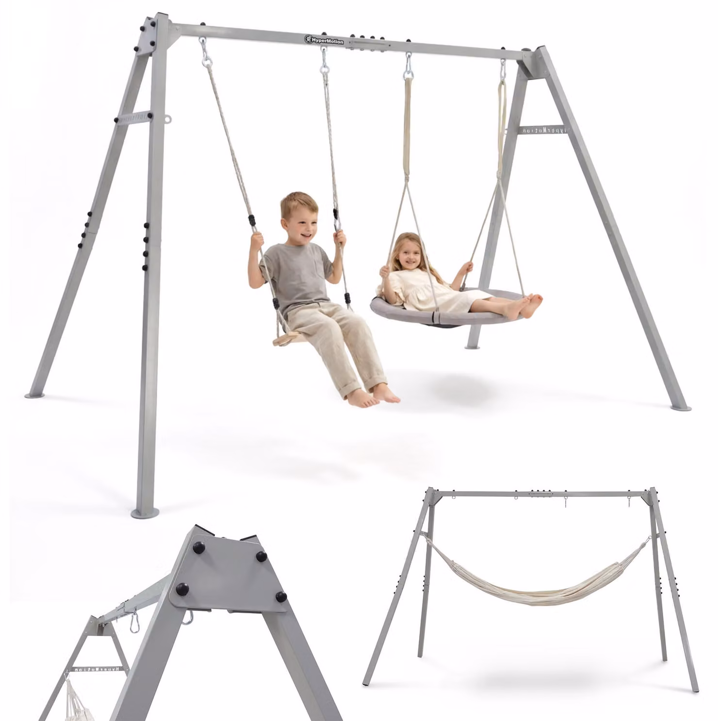Altalena da giardino 3 in 1 con nido per uccelli, altalena in legno e amaca, struttura in acciaio, 310 cm, per giardino e bambini