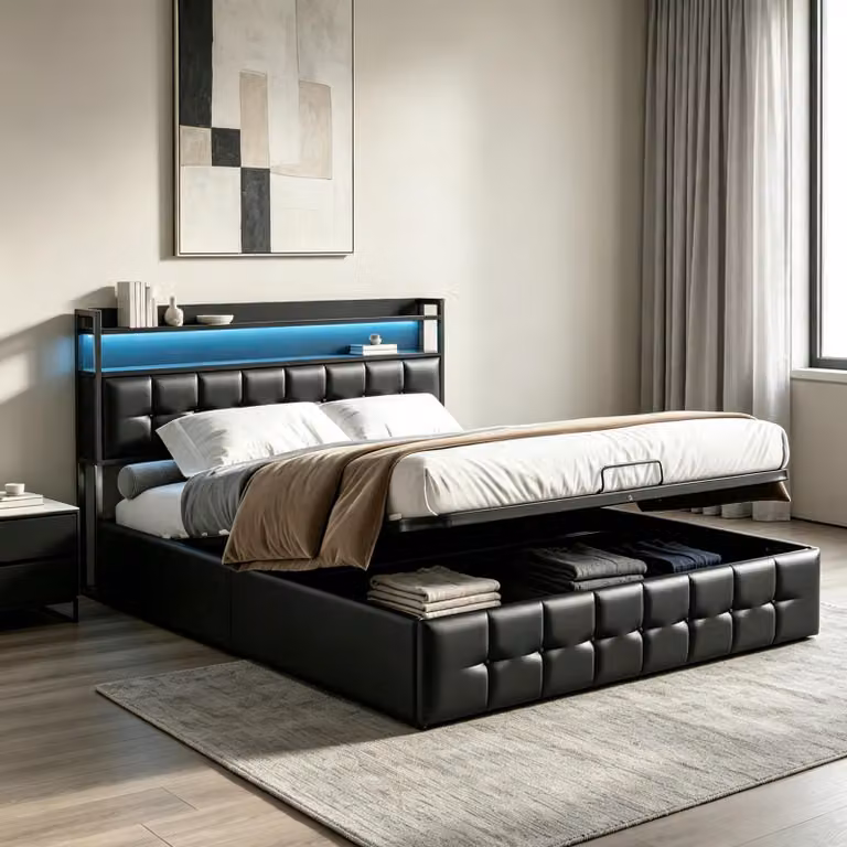Letto imbottito INONEFT, 140 x 200 cm, con spazio contenitore idraulico, letto per ragazzi con LED/USB, letto matrimoniale con testiera, letto contenitore con rete a doghe, rivestito in PU, colore nero