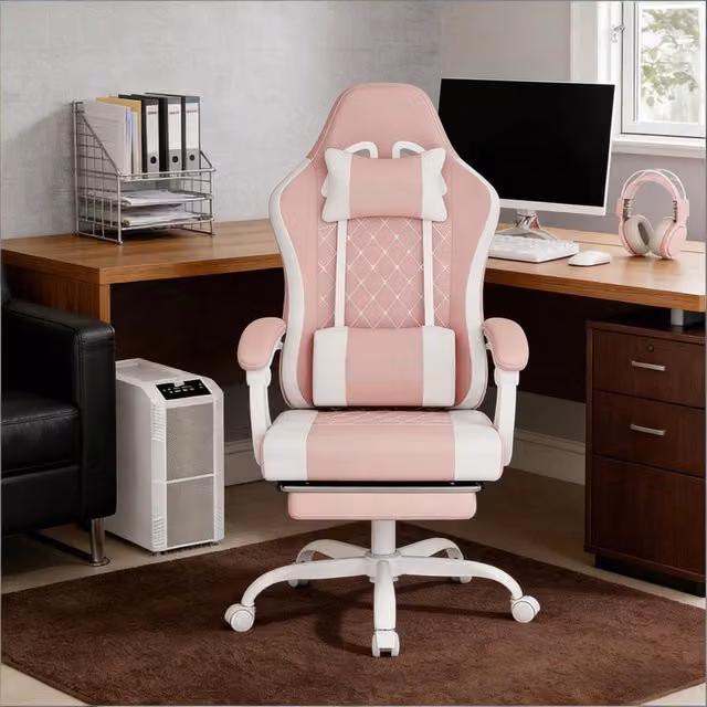 Sedia da gaming ergonomica WISHDOR girevole a 360 gradi con poggiapiedi e poggiatesta in tessuto mesh rosa e bianco – 1