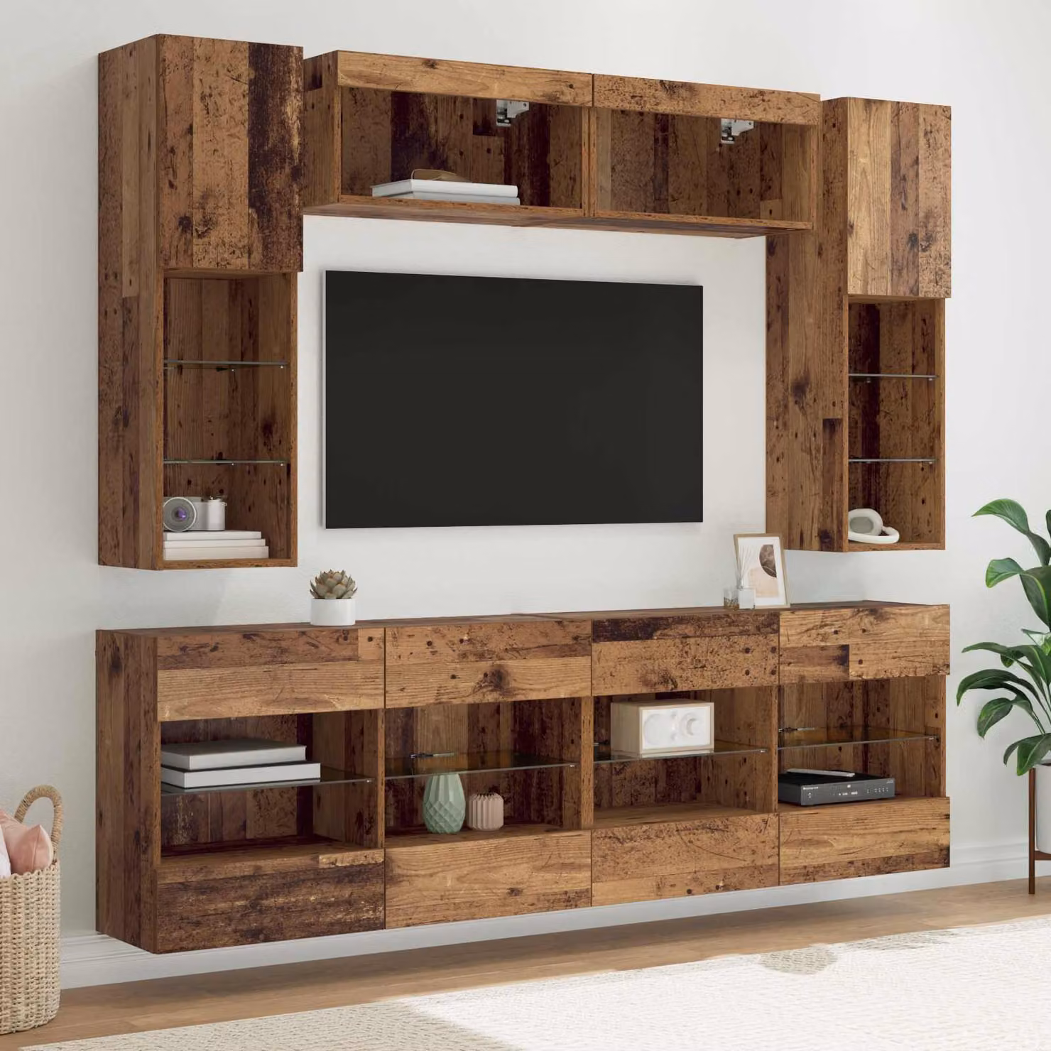 Set di 6 pezzi mobiletto TV da parete vidaXL in legno effetto rovere marrone con illuminazione LED integrata per soggiorno – 1