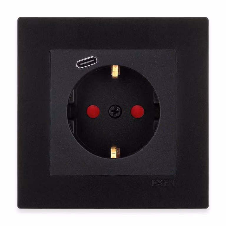 Presa singola con messa a terra Schuko + USB tipo C nero metallizzato + cornice nero metallizzato EXEN