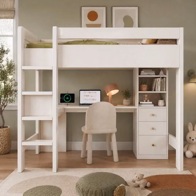 Letto a soppalco con scrivania a L; 3 cassetti; 3 ripiani e USB/Type-C; per materasso 90x200 cm; bianco