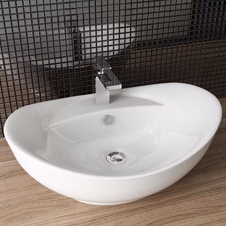 Lavabo in Vetroceramica, 59x39x21 cm, bianco lucido, forma ovale