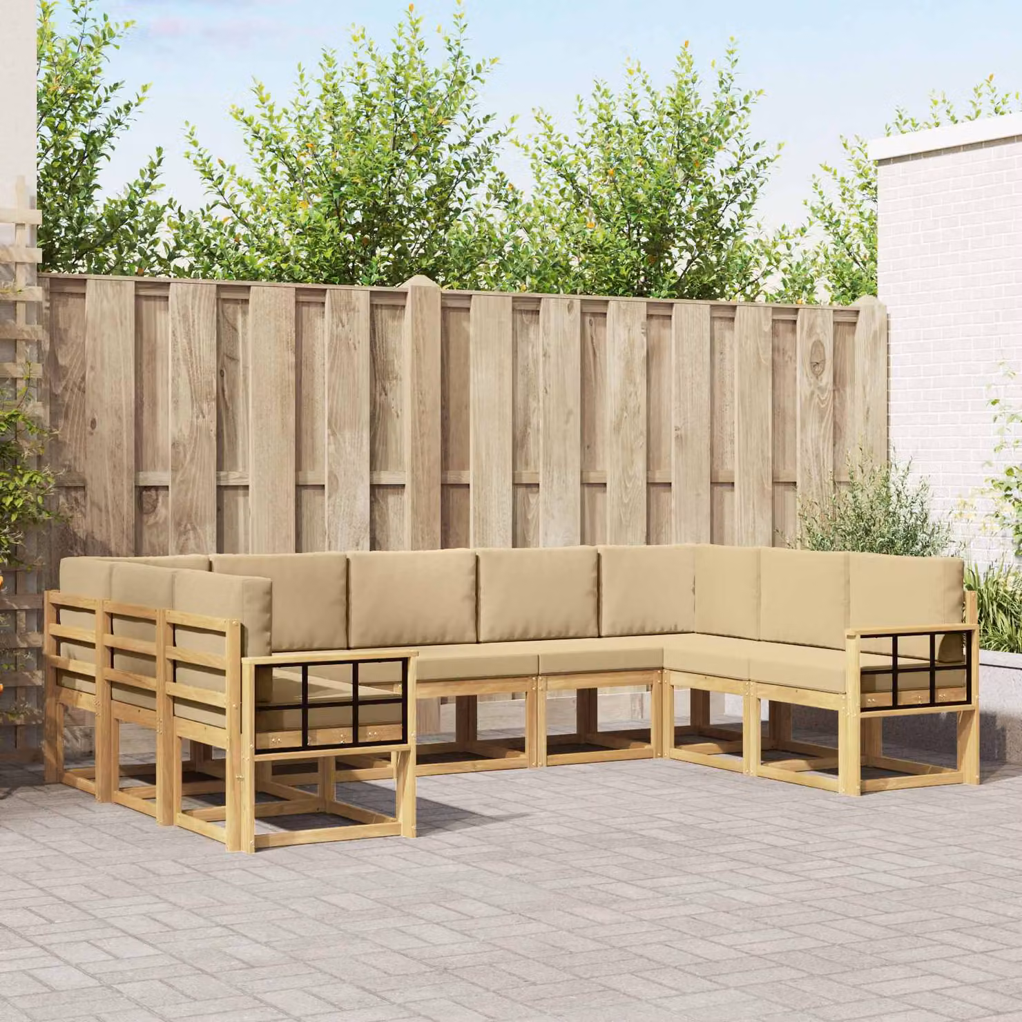 Set di divani da esterno a forma di U vidaXL in legno di acacia con cuscini, Bianco e Beige, 9 pezzi