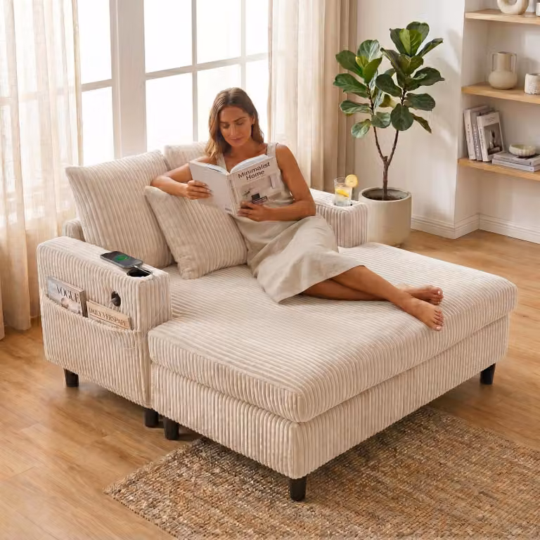 LVHOM divano letto con LED e USB, poltrona in tessuto a coste, divano lounge con tasche laterali e portabicchieri, portata 350 kg, 128x85x142 cm, beige