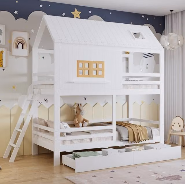 Etagenbett per bambini 90x200 cm con finestre; tetto e 2 cassetti; bianco e naturale