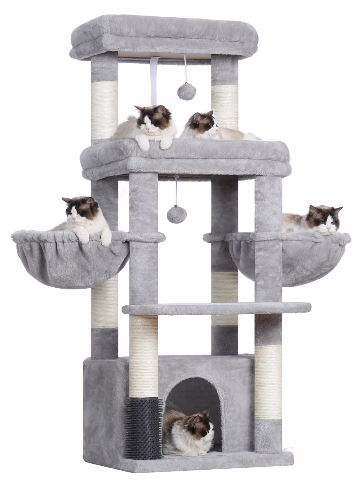 Albero per gatti di grandi dimensioni, con 2 ampie piattaforme, 2 ceste, un rifugio e una spazzola per la pulizia del pelo, colore grigio chiaro