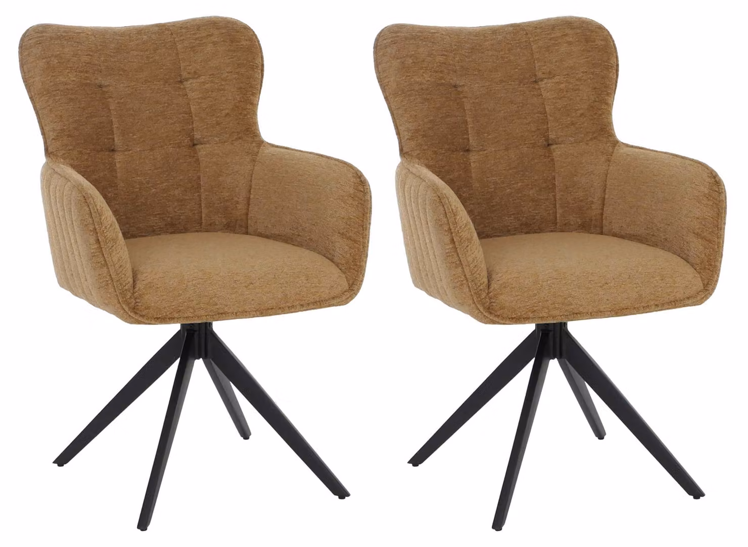 Set di 2 sedie da pranzo MCW-Q35, con braccioli, girevoli e con sistema di ritorno automatico, rivestite in tessuto chenille (680g/m²), struttura in metallo, colore giallo senape