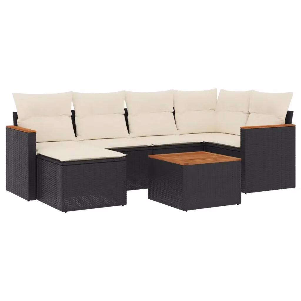 Set Divani da Giardino vidaXL a Forma di L con Cuscini e Tavolino, 7 Pezzi in Polyrattan Nero e Legno di Acacia – 2