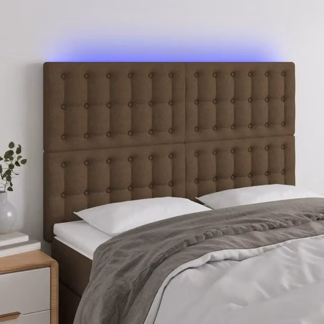 Testiera con LED Design Mania in tessuto marrone scuro con porta USB L: 144 cm, P: 5 cm, H: 118/128 cm