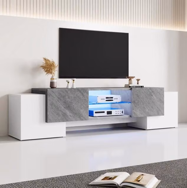 Mobile TV ULEVR 180x40x46,5 cm con 4 ante, ripiani in vetro temperato regolabili e LED controllabili da app, bianco e grigio