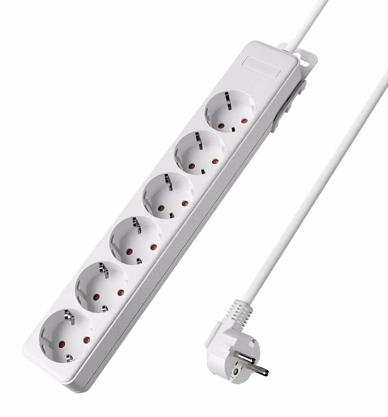 Prese multiple Braytron a 6 vie con cavo da 1,5 m, senza interruttore, 3680 W, sicurezza bambini, ciabatta con sistema a clip