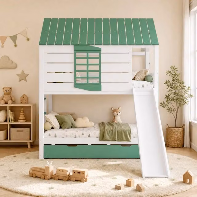 Letto a castello a forma di casa 90x200 cm con scivolo e letto estraibile, bianco e verde