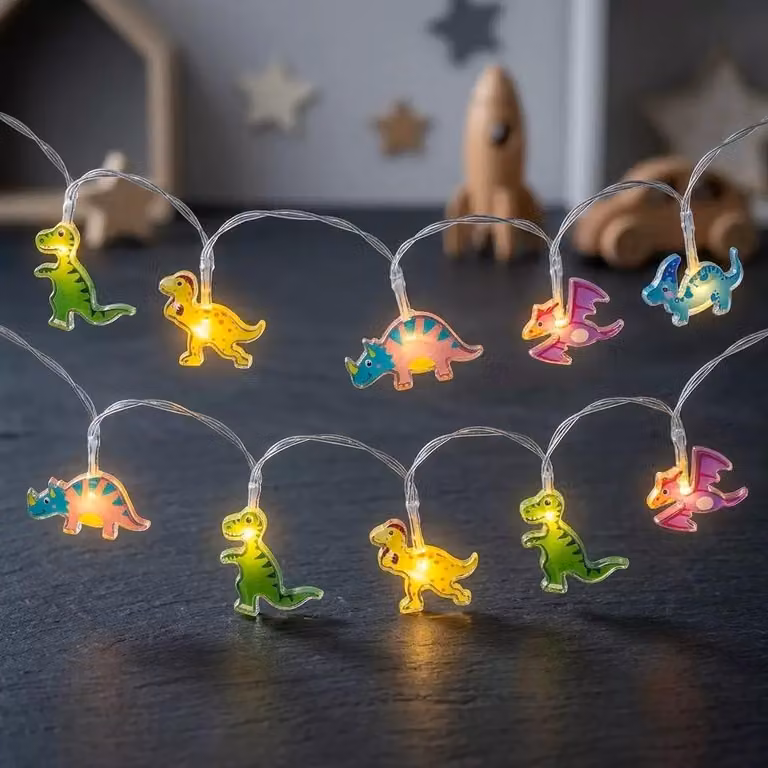 Catena luminosa a forma di dinosauro, lunghezza 1,5 metri, 10 LED a luce calda, alimentata a batteria