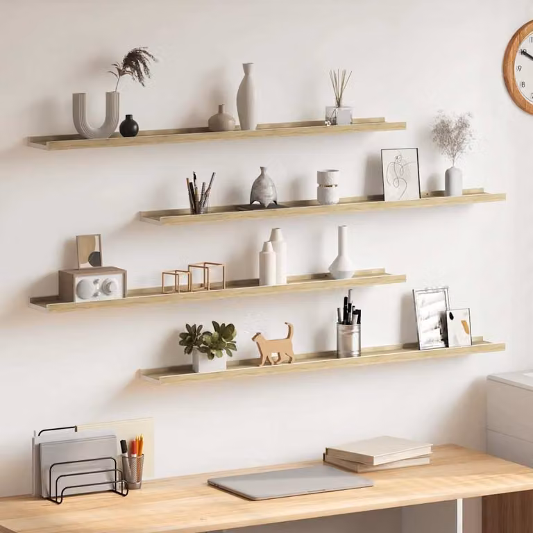 Set di 4 mensole da parete vidaXL in bianco e rovere Sonoma, L: 100 cm, P: 9 cm, H: 3 cm