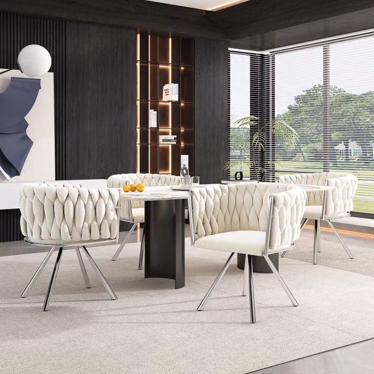 okwish Sedia da pranzo in velluto, girevole, set di 4 pezzi, singola, color crema, elegante sedia girevole per il soggiorno, con 4 gambe in metallo, beige e argento