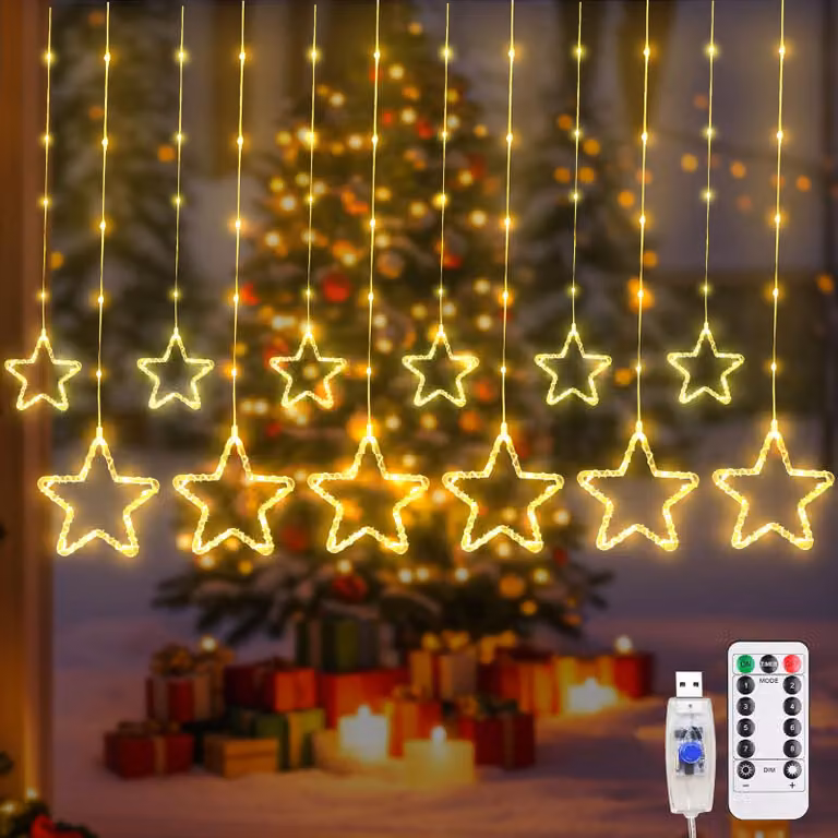 Decorazioni natalizie a LED, tenda luminosa, stelle, luce bianco caldo, dimensioni 3,5 x 5 metri, catena luminosa USB