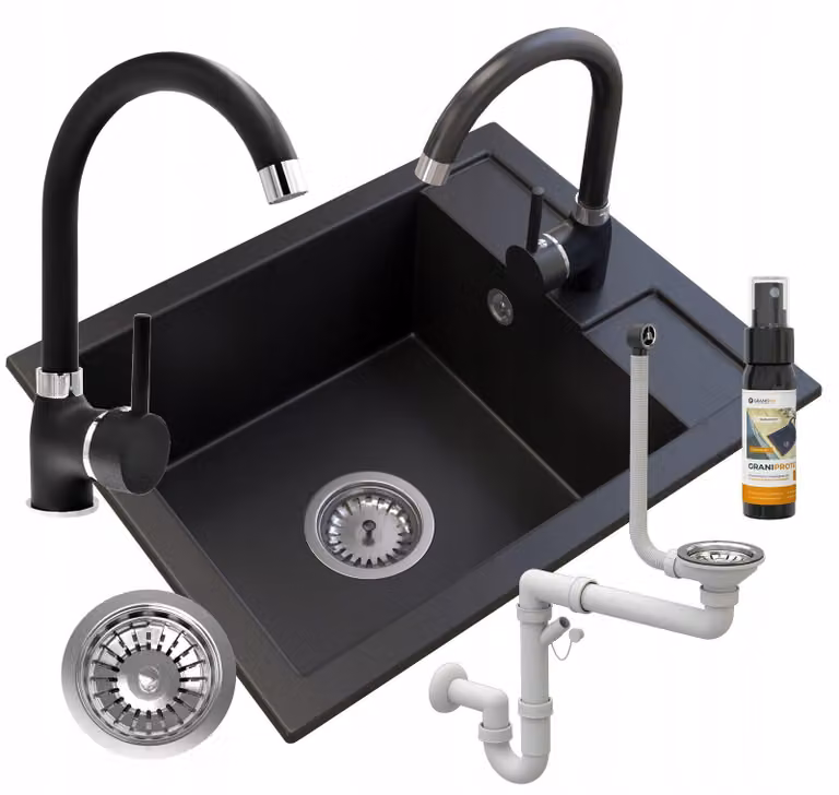 Granitan - Lavello in granito - Lavandino 50x40 cm - Lavello cucina nero - con miscelatore - BEST