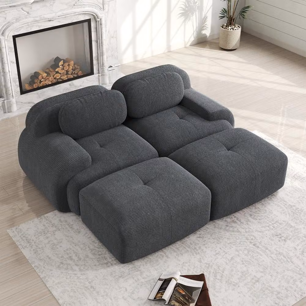 Divano a due posti, colore grigio, modello componibile ad angolo, senza struttura, combinabile come divano lineare con chaise longue, dimensioni 208x178x70 cm, imbottitura in schiuma ad alta densità (32D)
