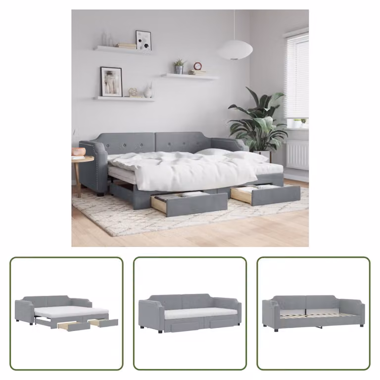 The Living Store letto da giorno allungabile con cassetti grigio chiaro 80x200 cm tessuto
