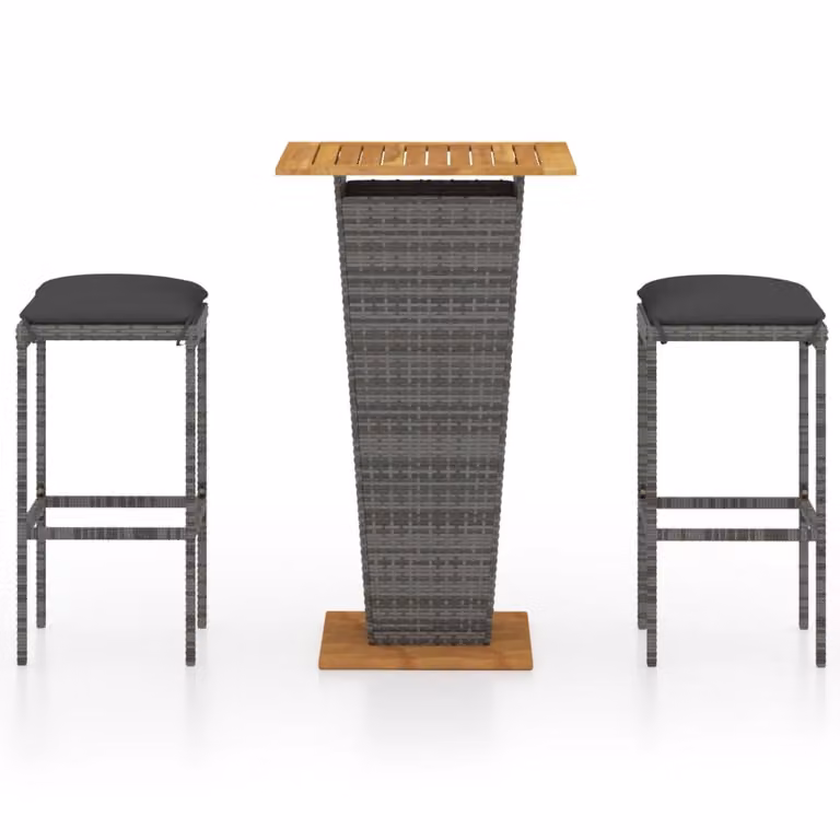 Set Bar da Giardino 3 pz con Cuscini in Polyrattan Grigio