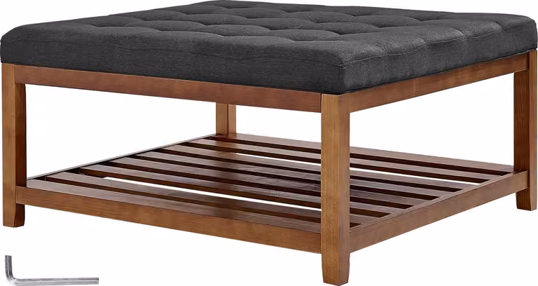 SucceBuy Tavolino quadrato (875 x 875 x 445 mm) con ripiano in legno massiccio, pouf imbottito con poggiapiedi in lino per camera da letto e soggiorno, 181,44 kg, grigio scuro