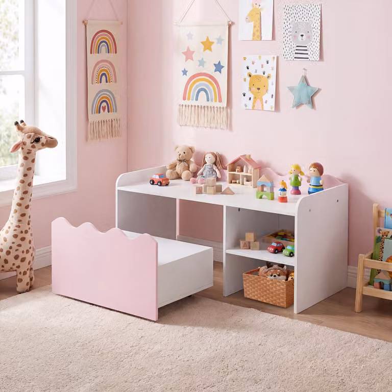 Costway Scaffale per giocattoli in legno con carrello su ruote coperchio ribaltabile e ripiano aperto, 2 in 1 libreria bambini per cameretta