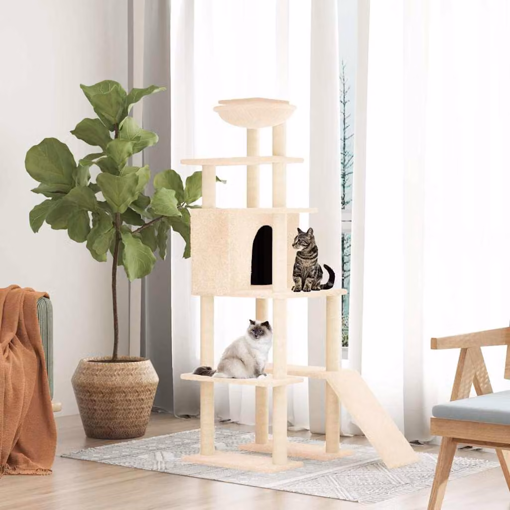 vidaXL Albero per Gatti con Tiragraffi in Sisal, Amaca e Cuccia, Beige, Altezza: 166 cm