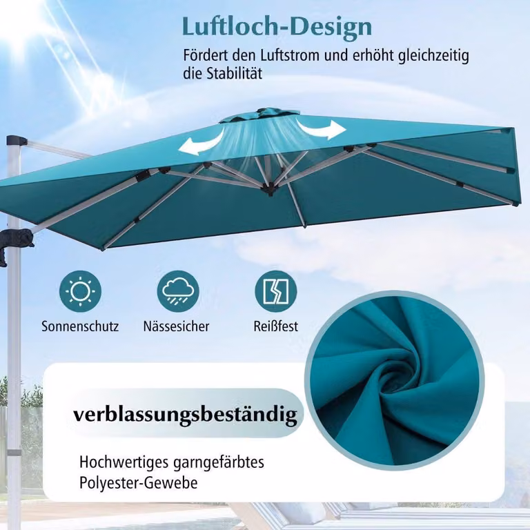 Ombrellone Market con base a croce e rotazione a 360° per giardino e piscina 300 x 300 cm blu