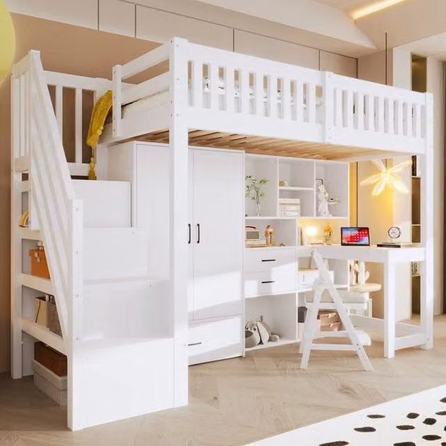 Letto a soppalco singolo moderno in legno con scala contenitore, armadio e scrivania, bianco, L/P: 90 x 200 cm