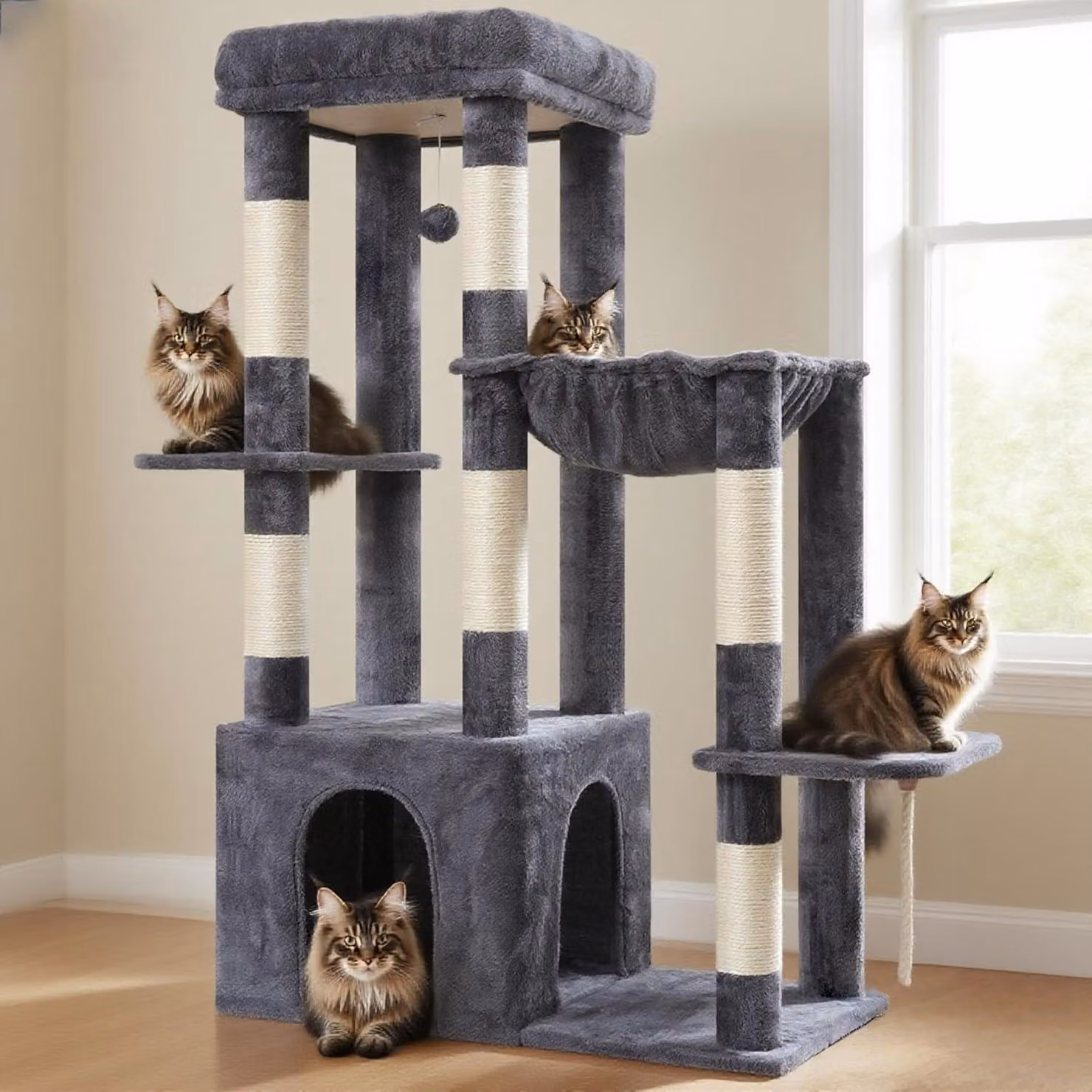 Katzenbaum da 120 cm, grande tiragraffi con base XL, rivestito in peluche e dotato di amaca, ideale per gatti adulti