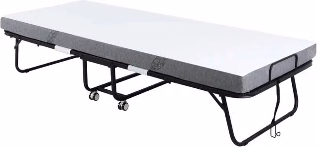 Letto pieghevole con ruote DESMIU, struttura in acciaio e materasso in schiuma, 200x80x42,5 cm, bianco e nero
