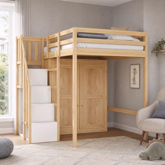 Letto a soppalco singolo MIVRAY in legno di pino con armadio, scala con contenitore e 12 doghe, L/P/H: 200 x 90 x 145 cm, color bianco e marrone