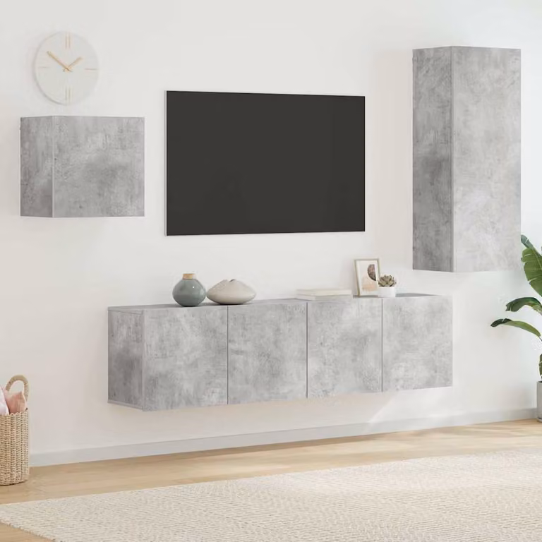 Mobile TV a muro moderno vidaXL con illuminazione LED integrata, Grigio Cemento e Legno, L: 80 cm, P: 30 cm, H: 41 cm
