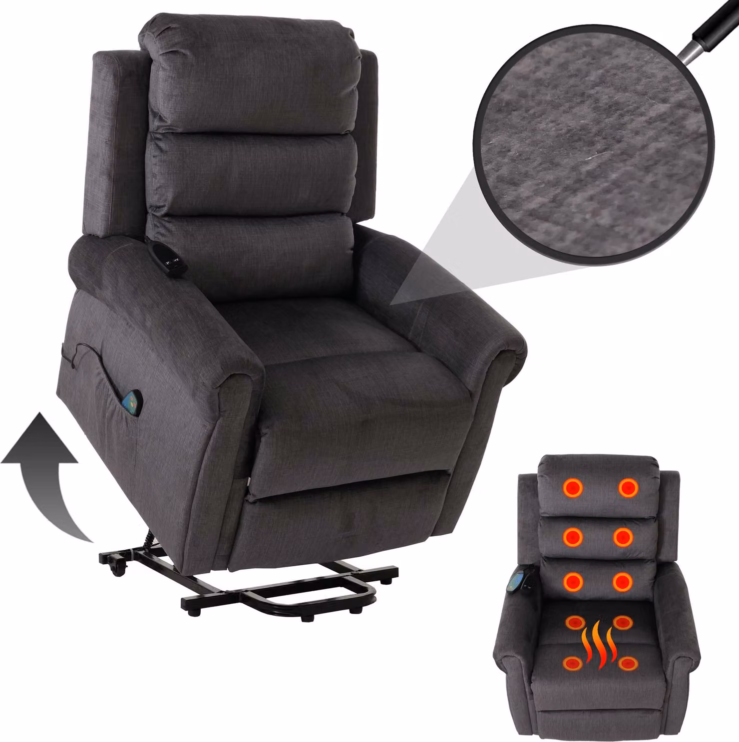 Poltrona TV HWC-K63, poltrona relax, funzione reclinabile, ausilio per alzarsi, funzione massaggio, funzione riscaldamento, tessuto 220 g/m² ciniglia ~ grigio scuro