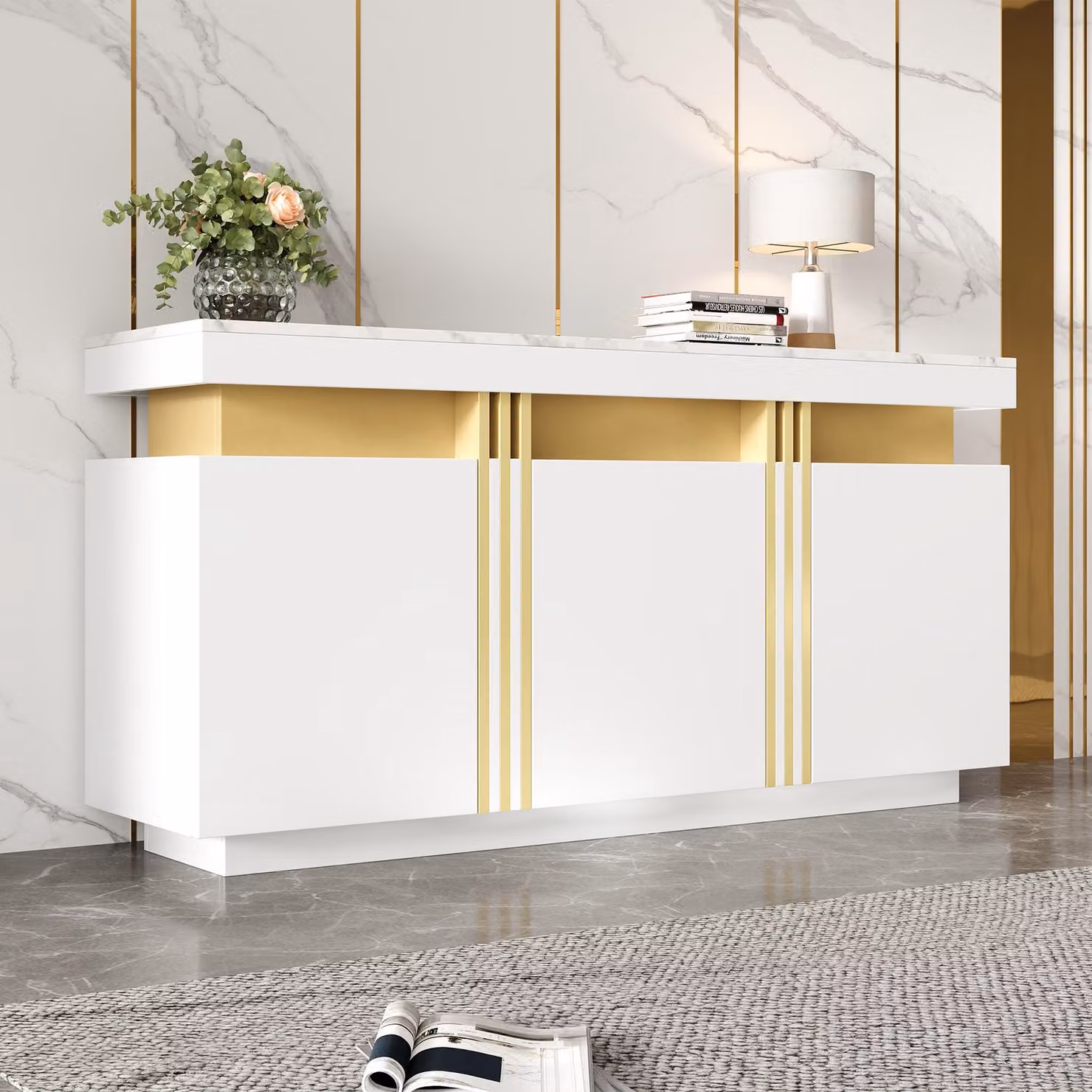 Credenza Merax bianca con effetto marmo, 140x38x70cm, 3 ante, mobile da sala da pranzo con ripiani regolabili, mobile da soggiorno, accenti platino