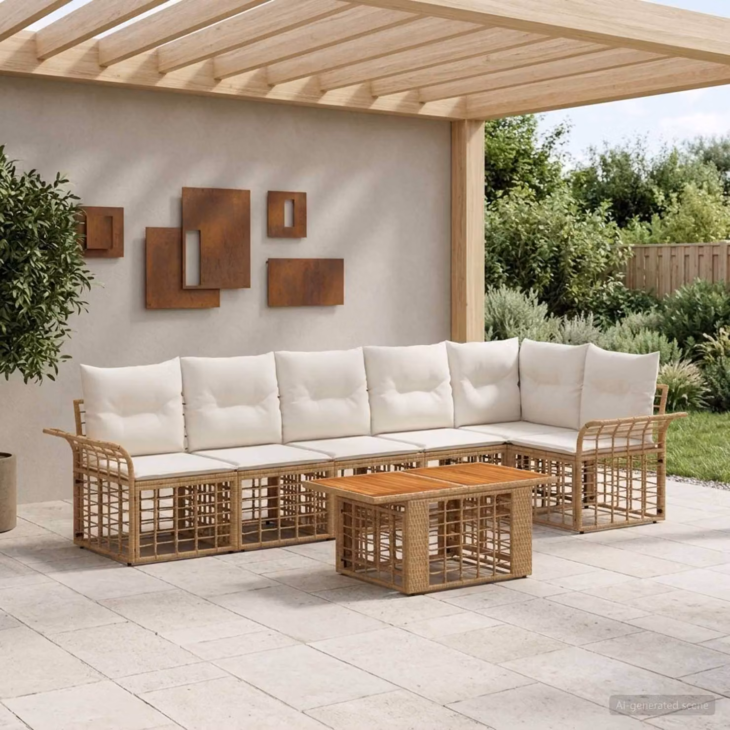 Set Divano da Giardino vidaXL in Polyrattan 7 Pezzi con Cuscini, Colore Naturale e Bianco Crema