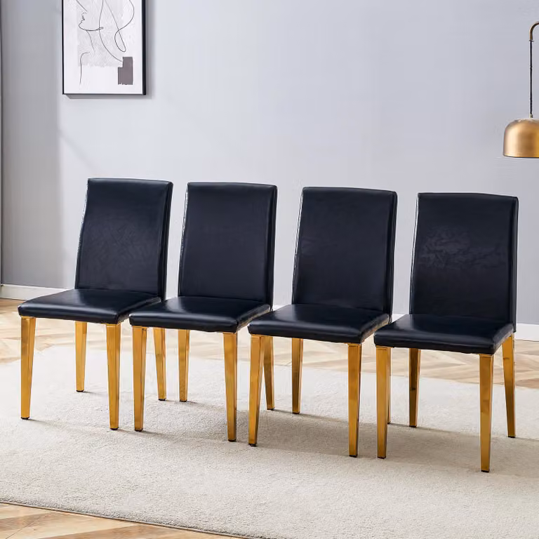 Set di 4 sedie da pranzo, design minimalista, rivestite in ecopelle, gambe in metallo, stile lussuoso e leggero (nero e oro)