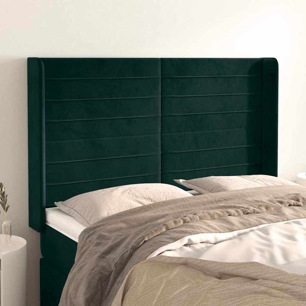Testiera ad orecchio vidaXL in velluto verde scuro, L: 147 cm, H: 118-128 cm, P: 16 cm
