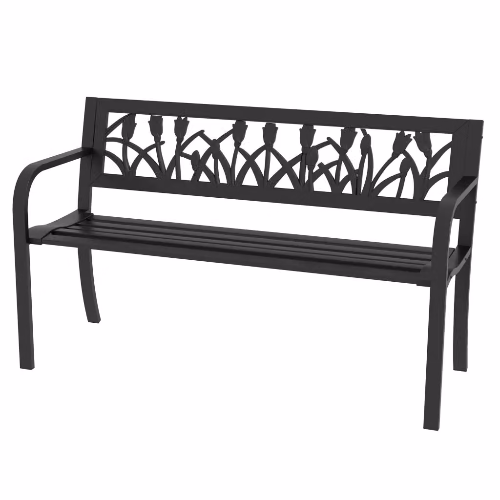 Panchina da giardino XYLO a 2 posti in acciaio nero con schienale decorato L: 125 cm, P: 50 cm, H: 75 cm – 2