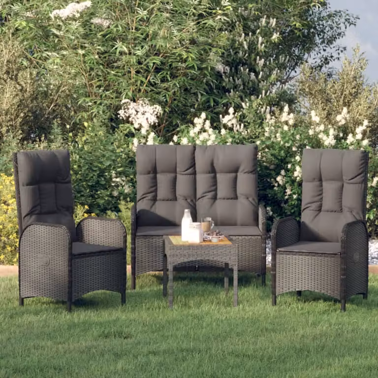 Set da pranzo da giardino moderno vidaXL in polyrattan nero e grigio con tavolo in vetro e cuscini
