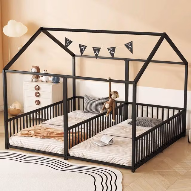 Letto a castello in metallo per bambini 90x200 cm con struttura a forma di casa, senza materasso, colore nero