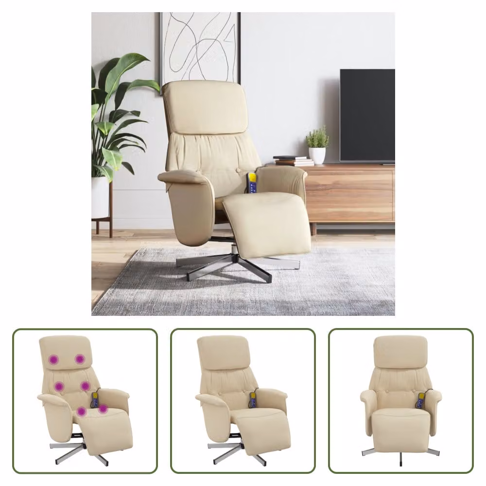 The Living Store poltrona massaggiante con poggiapiedi in tessuto crema